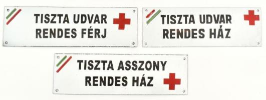 Tiszta udvar rendes ház, rendes ház + Tiszta asszony, rendes ház + Tiszta udvar rendes férj zománcozott fém táblák kopásnyomokkal, 30×10 és 33×10 cm