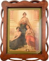 Nathaniel Sichel (1843-1907) festménye után: Három grácia. Nyomat, papír. Jelzett a nyomaton. Üvegezett, dekoratív, kissé sérült fa keretben. 72x52 cm