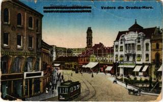 1926 Nagyvárad, Oradea; Bémer tér, villamos, Erdős és Grünfeld áruháza, Neumann M. üzlete / square, tram, shops (b)