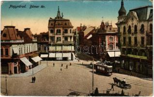 1915 Nagyvárad, Oradea; Bémer tér, villamos, Erdős és Grünfeld áruháza, Markovits és Weinberger üzlete / square, shops, tram (kopott sarkak / worn corners)