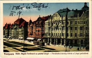 Temesvár, Timisoara; Bulev. Regele Ferdinand cu palatul Lloyd / Ferdinánd király körút a Lloyd palotával, villamos, üzletek / street view, palace, tram, shops (EK)