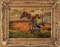 Bagi Dénes (?-?): Csikós lovával. Olaj, vászon, jelzett. Dekoratív, sérült fa keretben. 40×55 cm