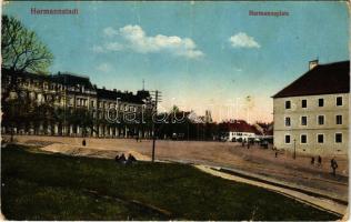 1916 Nagyszeben, Hermannstadt, Sibiu; Hermannsplatz / Hermann tér, villamos / square, tram (fa)