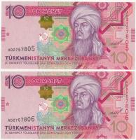 Türkmenisztán 2012. 10M (2x) sorszámkövetők AD 2757805 - AD 2757806 T:I Turkmenistan 2012. 10 Manat (2x) consecutive serials AD 2757805 - AD 2757806 C:UNC
