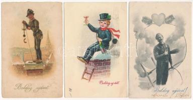 3 db RÉGI kéményseprős újévi üdvvözlő képeslap / 3 pre-1945 New Year greeting motive postcards: chimney sweepers