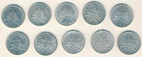 Franciaország 1901-17. 1Fr Ag (10x) 6klf évszámmal T:2/3,3