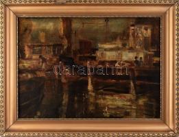 Udvary Pál (1900-1987): Kikötő (Balatonpart?). Olaj, vászon, javított. Jelezve jobbra lent. Dekoratív, sérült fa keretben. 50x70 cm