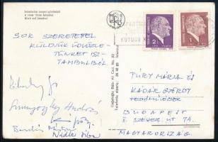 Nádler Tibor, Barabás Márton, Szunyoghy András festőművészek által aláírt képeslap Kádár György festőművésznek