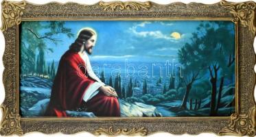 Üvegezett, dekoratív fa keret, Jézus az Olajfák hegyén ofszet nyomattal. Belső méret: 36,5x78 cm