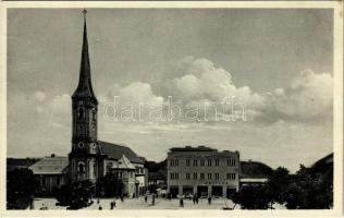 1932 Érsekújvár, Nové Zámky; Fő tér, templom, Népbank / main square, church, bank