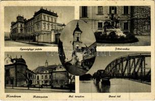 1944 Komárom, Komárno; Igazságügyi palota, Jókai szobor, Kultúrpalota, Református templom, Dunai híd / Palace of Justice, statue, Palace of Culture, Calvinist church, Danube bridge (Rb)