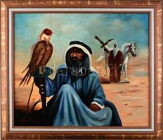 Olvashatatlan jelzéssel: Arab férfi madárral. Olaj, vászon. Dekoratív fa keretben. 50x60 cm