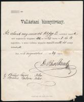 1875 Pest, vallástani bizonyítvány, rajta Bak Izrael rabbi aláírásával