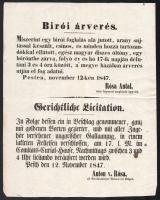 1847 Díszmagyar ruha árverési hirdetménye 21x26 cm