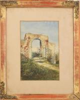 Jelzés nélkül, feltehetően XX. sz. elején működött festő alkotása: Romos kapu. Akvarell, papír. Dekoratív, sérült üvegezett fa keretben. 24x15,5 cm