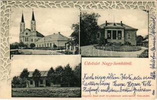 Nagysomkút, Somcuta Mare; Gróf Teleky (Teleki) Sándor kastélya, vasútállomás, templom / church, castle, railway station. Art Nouveau