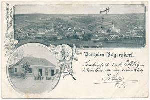 1901 Pörgölény, Pörgölin, Pilgersdorf; Kopfstein Miksa üzlete és saját kiadása / Geschäft / shop. Art Nouveau, floral (EK)