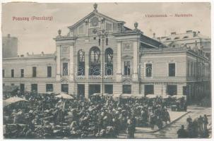 1911 Pozsony, Pressburg, Bratislava; Vásárcsarnok, piac, Dworak Ernő üzlete a Fehér Galambhoz / Markthalle / market hall, shop (fl)