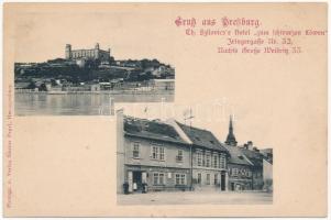 Pozsony, Pressburg, Bratislava; Th. Szilovics's Hotel "zum schwarzen Löwen", Iringergasse Nr. 32., Gasthof / Szilovics vendéglője a fekete oroszlánhoz / restaurant (fl)