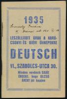 1935 Leszállított árak a karácsonyi és újévi ünnepekre, Deutsch italkereskedő reklámos zsebnaptára