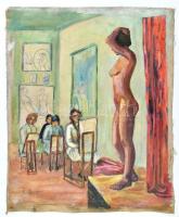Mannheim Róza (1880-1965): Festőiskola aktmodellel. Olaj, vászon, jelzett, vakkeret nélkül, 59,5×48 cm