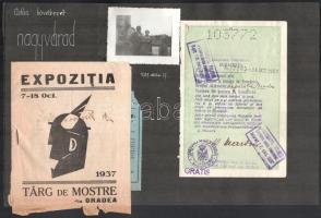 1937 Kolozsvári, nagyváradi fotók, jegyek, igazolvány, címkék, stb., albumlapokra ragasztva