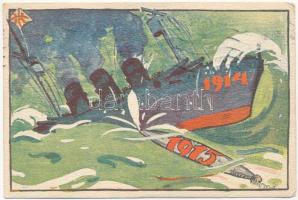 1914-1915 Első világháborús haditengerészeti propaganda lap. Magyar Földrajzi Intézet Rt. kiadása / K.u.K. Kriegsmarine / WWI Austro-Hungarian Navy propaganda art postcard s: Biró (EK)