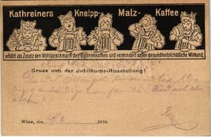 1898 (Vorläufer) Kathreiners Kneipp-Malz-Kaffee. Gruss von der Jubiläums-Ausstellung! Wien / Austrian coffee advertisement card (vágott / cut)