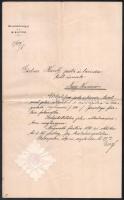 1890 Baross Gábor (1848-1892) kereskedelemügyi miniszter autográf aláírása egy előléptetési papíron, Gärtner Károly nagykanizsai posta és távirda tiszta részére, fejléces és vízjeles papíron, papírfelzettel, hajtva, szakadásokkal.