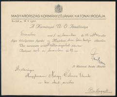 1925 Horthy Miklós kormányzó kormányzó kihallgatáson fogadja Nagybaczoni Nagy Vilmos (1884-1976) akkori ezredest, későbbi honvédelmi minisztert, értesítő a kormányzó katonai irodája által kitöltve, hajtott, szép állapotban