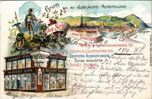 1898 (Vorläufer) Wien, Vienna, Bécs I. Aug. Sirk zum Touristen. Gruss aus der Jubiläums-Ausstellung! Kärntnerstrasse 55. / advertisement card of August Sirks tourist, sport and hiking shop. Art Nouveau, floral, litho (r)