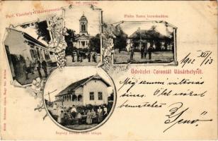 1902 Torontálvásárhely, Develák, Debelják, Debeljaca; Takarékpénztár, Református templom, Sepscy István szőlőtelepe, Plohn Samu üzlete. Heimann János kiadása / savings bank, Calvinist church, vineyard, shop of Plohn. Art Nouveau, floral (fl)