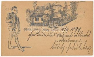 1899 (Vorläufer) Nagysalló, Tekovské Luzany, Tekovské Sarluhy; Officiers-Messe / kézzel rajzolt lap katonával / hand-drawn art postcard with K.u.K. soldier (vágott / cut)