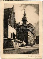 Praha, Prag; Staronová synagoga a zídovská radnice puvodní lept. / old synagogue with new Jewish town hall. etching