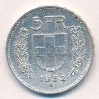 Svájc 1952B 5Fr Ag T:2 A legritkább évszám! Switzerland 1952B 5 Francs Ag C:XF Rarest year! Krause KM#40