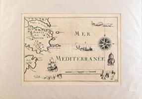 cca 1750 Mediterrán tenger térképe (Mer mediterranée). Rézmetszet, papír. Jelzés nélkül. Paszpartuban 23x3 cm