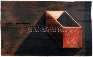 Szikora Tamás (1943-2012): Vörös doboz. Olaj, kollázs, fa, jelezve balra lent. Sérült (több helyen, hátoldalán is). 32x53 cm