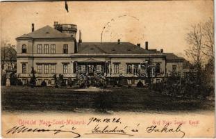 1904 Nagyszentmiklós, Sannicolau Mare; Gróf Nákó Sándor kastély / castle + SZEGED - ARAD 67. SZ. vasúti mozgóposta bélyegző (r)