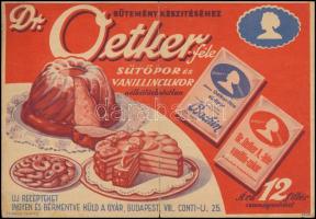 cca 1930 Dr. Oetker-féle sütőpor és vanillincukor illusztrált reklám, hátoldalán receptekkel, papír, Révai nyomda, hajtásnyom mentén szakadással, kissé foltos, 13,5x20 cm
