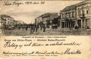 1902 Szászrégen, Reghin; Hauptplatz mit Mittelgasse / Fő tér a Közép utcával, Wagner üzlete. Verlag v. Gust. Rösler. Nach Aufnahme v. Photogr. Heiter / main square, street view, shops (ázott sarkak / wet corners)