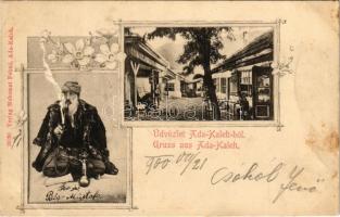 1900 Ada Kaleh, Bégo Mustafa, Török bazár. Mehemet Fehmi kiadása / Turkish man with hookah, Turkish bazaar, shop. Art Nouveau, floral (EK)