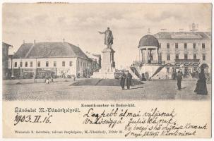 1903 Marosvásárhely, Targu Mures; Kossuth szobor, Bodor-kút, Takarékpénztár, Temesvári M., Bucher Lajos üzlete. Weinrich S. udvari fényképész felvétele / statue, fountain, savings bank, shops (EK)