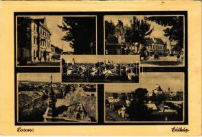 Losonc, Lucenec; mozaiklap zsinagógával / multi-view postcard with synagogue (ragasztónyom / glue marks)