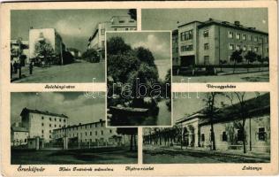 Érsekújvár, Nové Zámky; Széchenyi utca, Vármegyeháza, Nyitra részlet, Klein Testvérek műmalma, laktanya / street view, county hall, Nitra riverside, mill, Hungarian military barracks (EK)