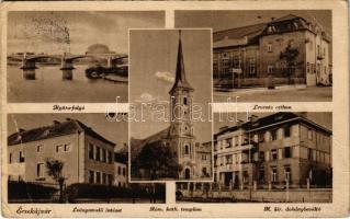 1943 Érsekújvár, Nové Zámky; Nyitra folyó, Leventeotthon, Római katolikus templom, Leánynevelő intézet, M. kir. dohánybeváltó / Nitra riverside, Catholic church, girls' boarding school, tobacco deposit (EB)