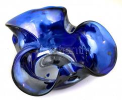Lüszteres kék üveg tálka, szakított üveg, kopott d:15cm, m:7cm
