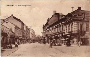 1915 Miskolc, Széchenyi utca, Reinitz Herman üzlete, piac utcai árusokkal, Reiner Dávid bútorháza. Vasúti levelezőlapárusítás 1560.