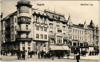 1914 Zagreb, Zágráb; Jelacicev trg. / square, Fuchs, Anker, Zubar, Dr. Dimovic, Rudovits, Leop. Schwarz, shops