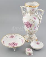 Hollóházi lila virágmintás, matricás porcelán váza 35cm, kínálótálka 2db d:12-20cm, bonbonnier 8x6cm, kopott, jelzett.