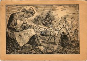 1944 WWII German military art postcard, dying soldier with nurse s: W. Kandel (szakadás / tear)